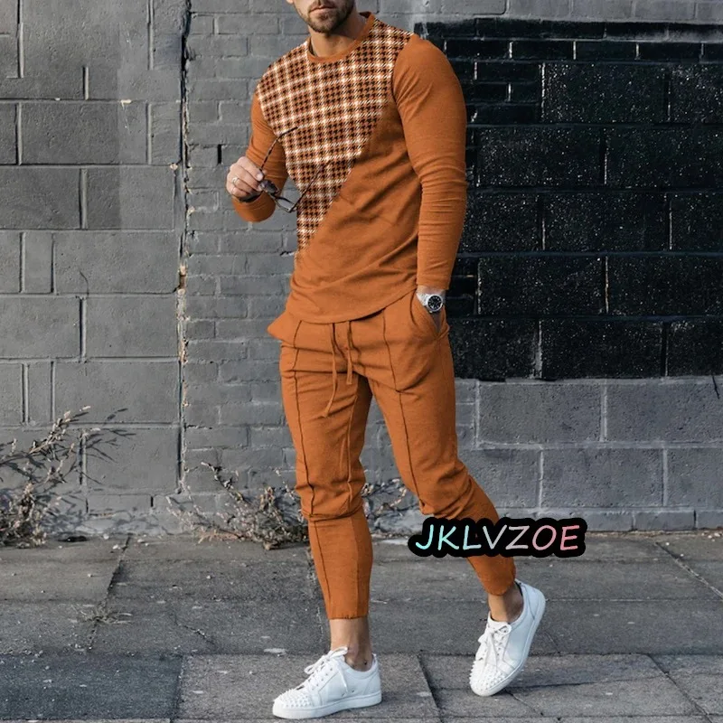 Autumn Men's Tracksuits Sets Print Long Sleeve T-shirt Trousers 2 Piece Outfits 3D Striped Streetwear Oversized Casual Suits