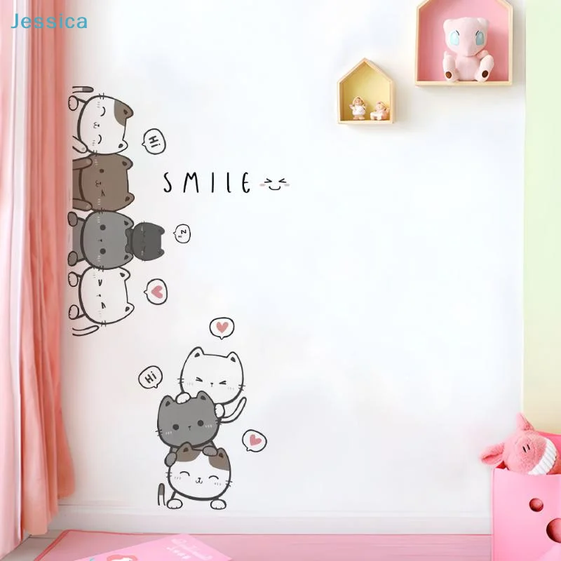 ♥ Niedliche Wandaufkleber mit gestapelter Cartoon-Katze – abnehmbare Vinyl-Aufkleber mit „Lächeln“-Motiv für Kinderzimmer, Schlafzimmer und Wohnzimmerdekoration