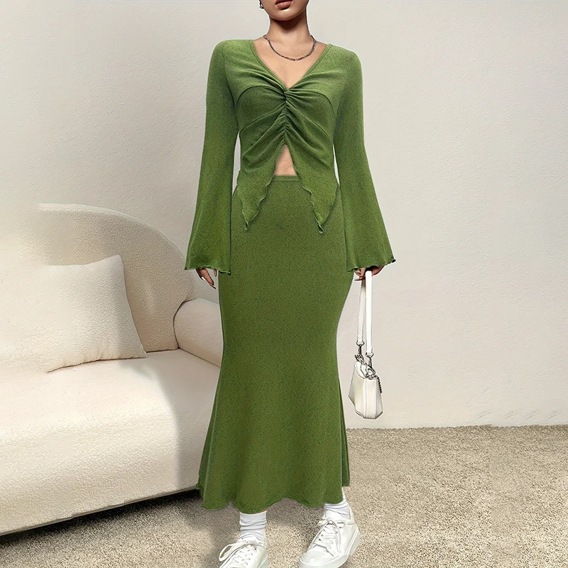 Two Piece Sets Boho Knitted Ruffles Long Sleeve Top Shirts Green And Maxi Skirt Bodycon Robe Sexy Beach Outfits Women Club Dress