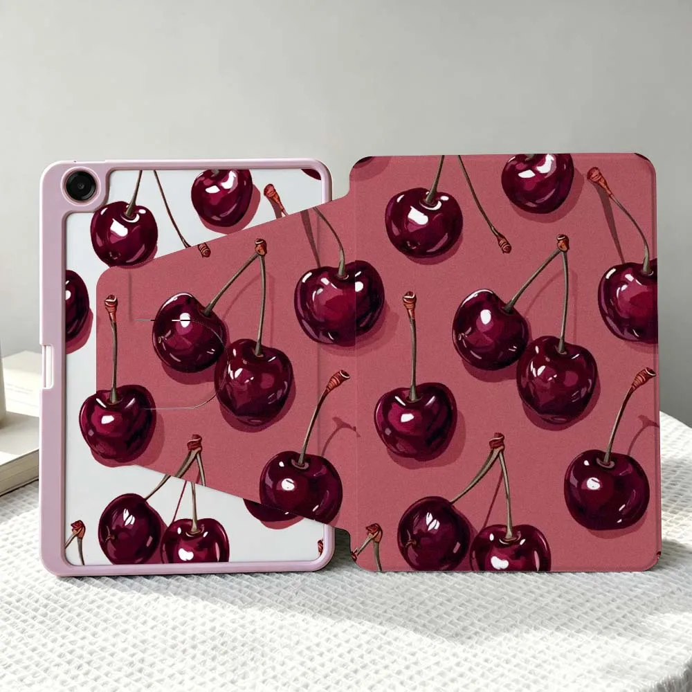 Luxury Red Cherry Pattern Soft For Samsung Galaxy Tab S11 S10 S9 S8 A11 FE Plus Ultra 360° Rotation Stylus Storage Tablet Case