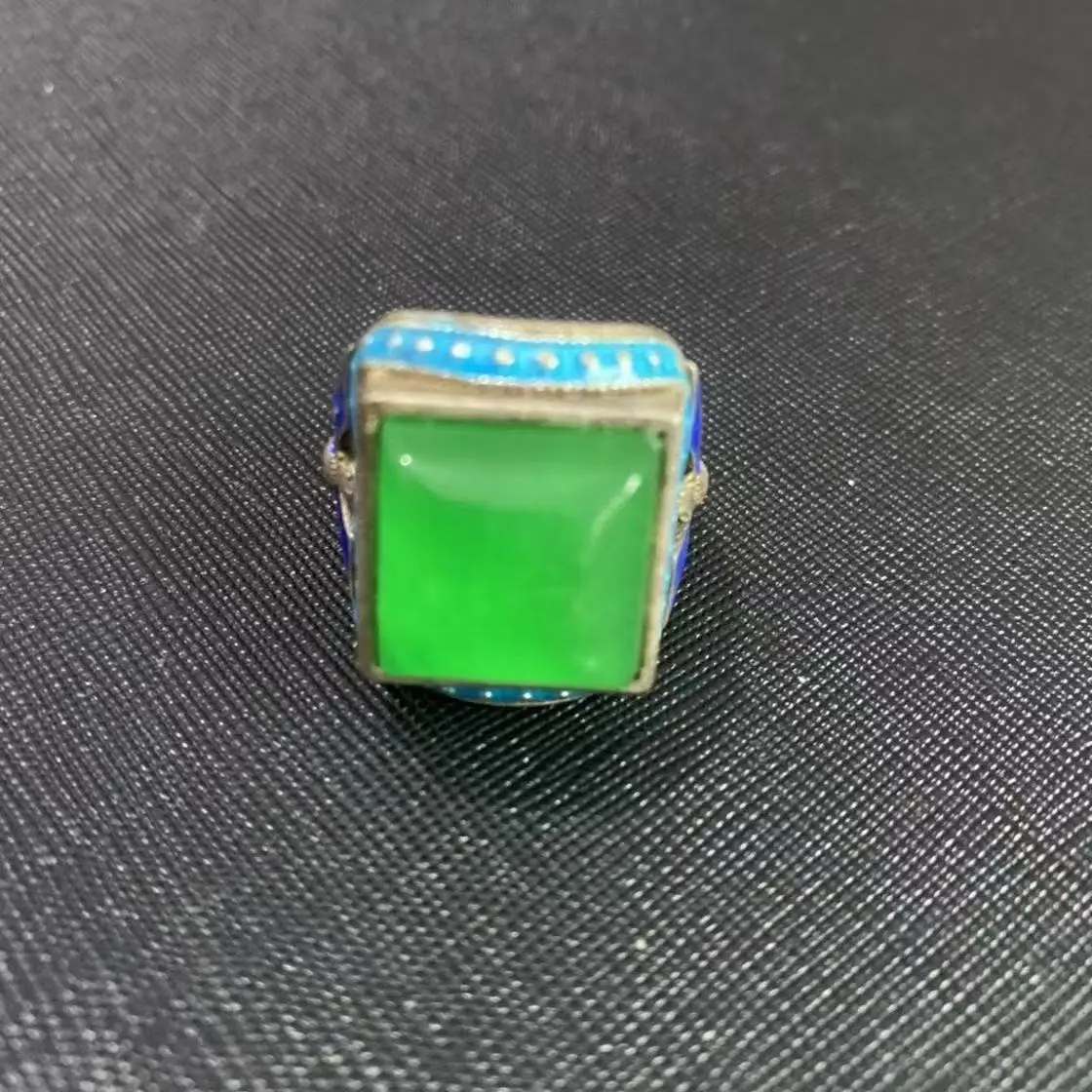 Antique Miscellaneous Collection Vintage Old Jade Jade Ice Type Round Ring Face Old Silver Inlaid Open Ring Foot Silver Finger