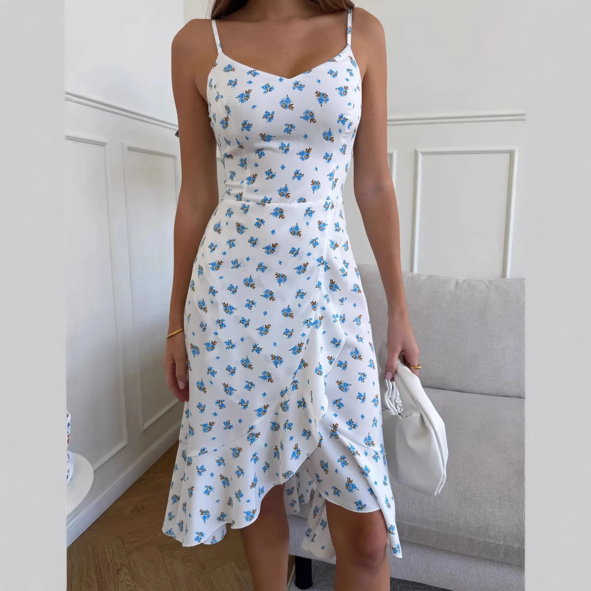 

Women's White Blue Floral Print Spaghetti Strap Midi Dress Ruffle Hem Open Back A-Line Casual Spring Summer Elegant Party Outfit