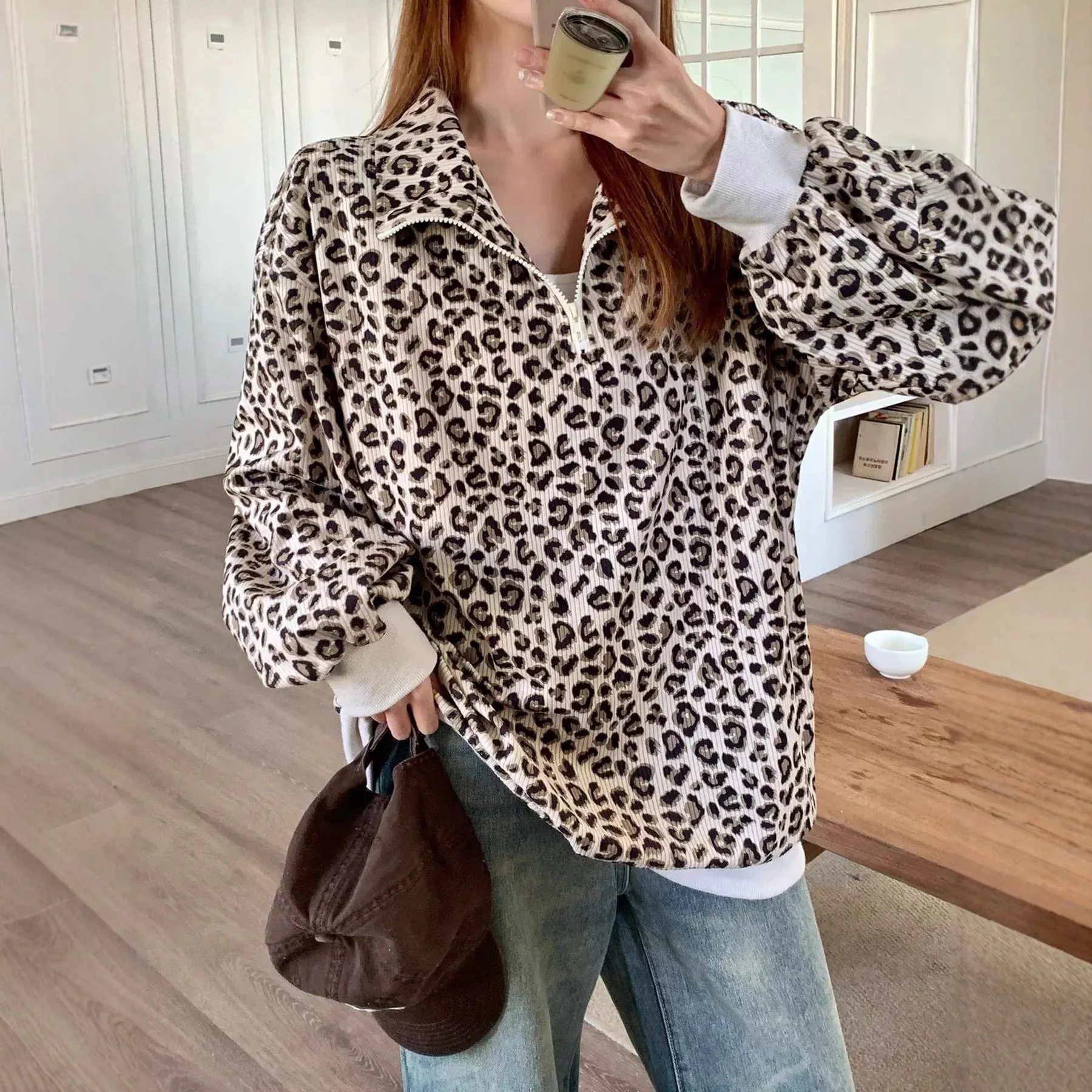 Leopard Print Versatile Pullover Women's Zipper Lapel Long Sleeve Autumn Fashion Sweatshirt Roupa Feminina Jersey Invierno Mujer