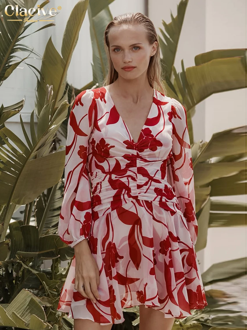 

Clacive Fashion Loose Print Women's Dress 2026 Sexy V-Neck Long Sleeve Mini Dresses Lady Elegant Classic High Waist Female Dress