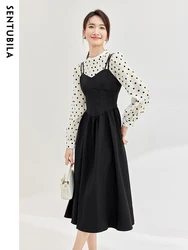 SENTUBILA 2 in 1 Midi Dresses for Women 2024 Spring New Elegant Flocking Dot Lyocell Blend Puff Sleeve Female Dress 133L51704