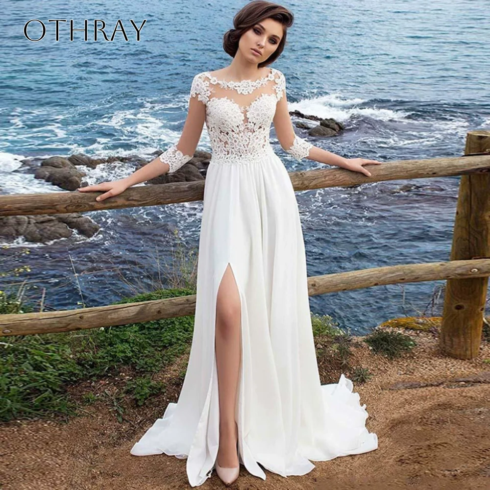 Lace Long Sleeves A-line Bridal Wedding Gown Pleated Chiffon Sweep Train Buttons Customized свадебное платье