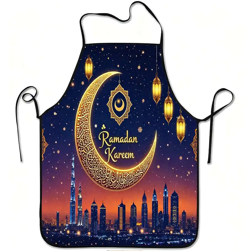 1 Piece Ramadan-Themed Islamic Apron, Gold Hollow-Out Pattern with Crescent Moon and Bustling City Night Scene Design, Unisex, Perfect for Crafts, Baking, Painting, Kitchen and Household Cleaning, Home Cooking, Chef, Waiter, Cafe, Barbecue Restaurant Apron, 21.7× 28.7inch , Perfect Holiday Gift for Family and Friends