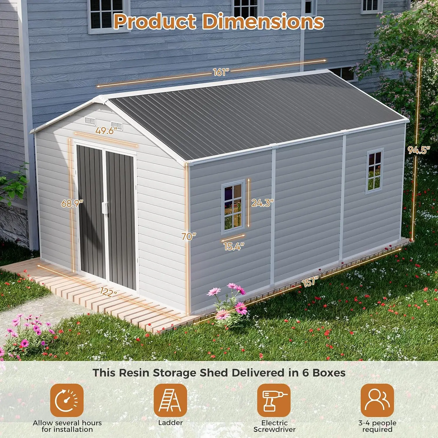 10x14 FT Resin Storage Shed w/Floor, Outdoor Garden Tool House, Heavy Duty Waterproof, Dove Grey, Customized