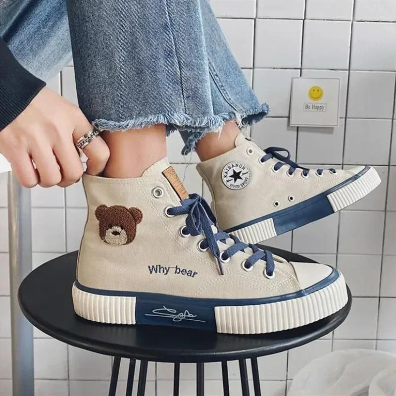 Women Flat Shoes Pocket Little Bear High Top Shoes Women Instagram Canvas Shoes Versatile Board Shoes 2023 New Women Shoes