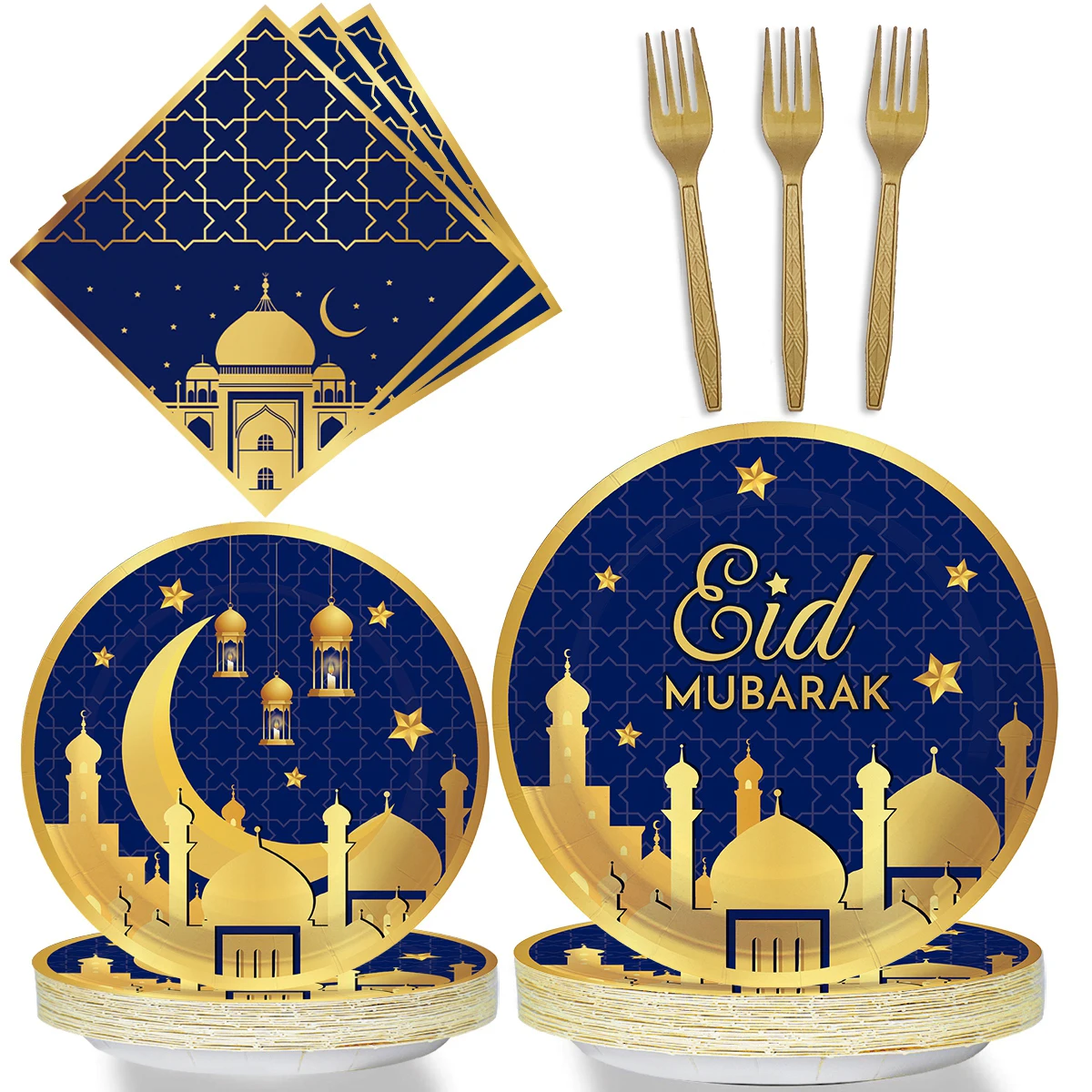 EID Mubarak Disposable Tableware Paper Plates Cup Napkin Ramadan Kareem Decoration For Home 2024 Muslim Islamic Eid Party Supply