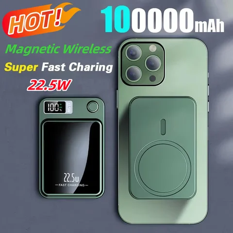 100000 mAh 22.5W 무선 자기 보조베터리 iPhone15 16 삼성용 고속 충전 휴대용 외장 배터리 보조베터리 어댑터
