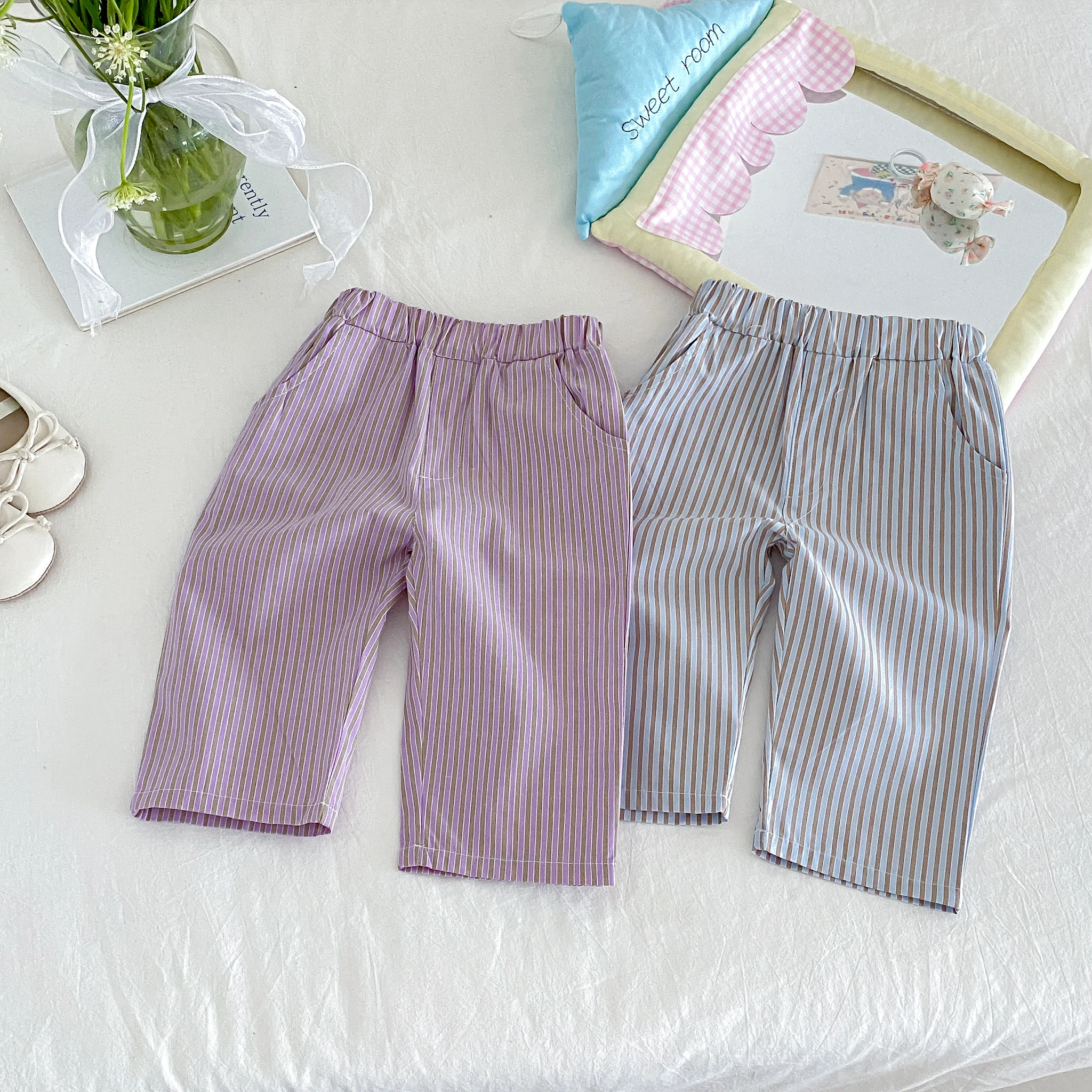 Korean-Style Summer New Arrivals, Unisex Children's Vertical Striped Casual Versatile 9-Inch Pants