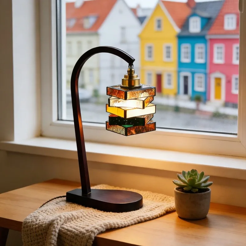 Medieval style solid wood bedroom retro stained glass desk lamp