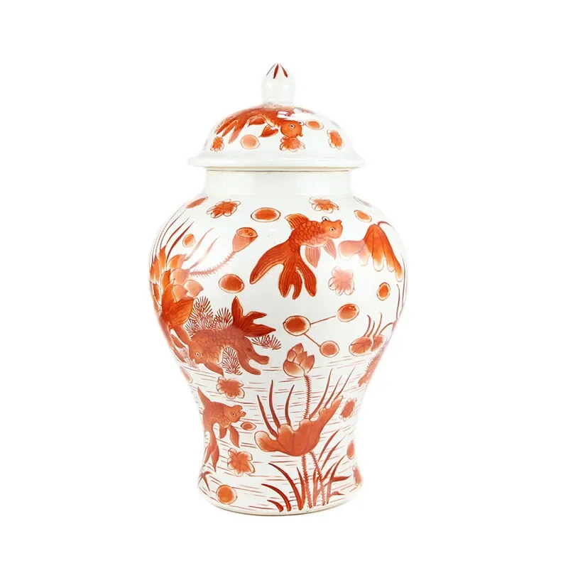 مزهرية عتيقة مرسومة يدويًا بنمط تنين أحمر لوتس بركة سمك الشبوط من السيراميك والخزف القديم العتيق