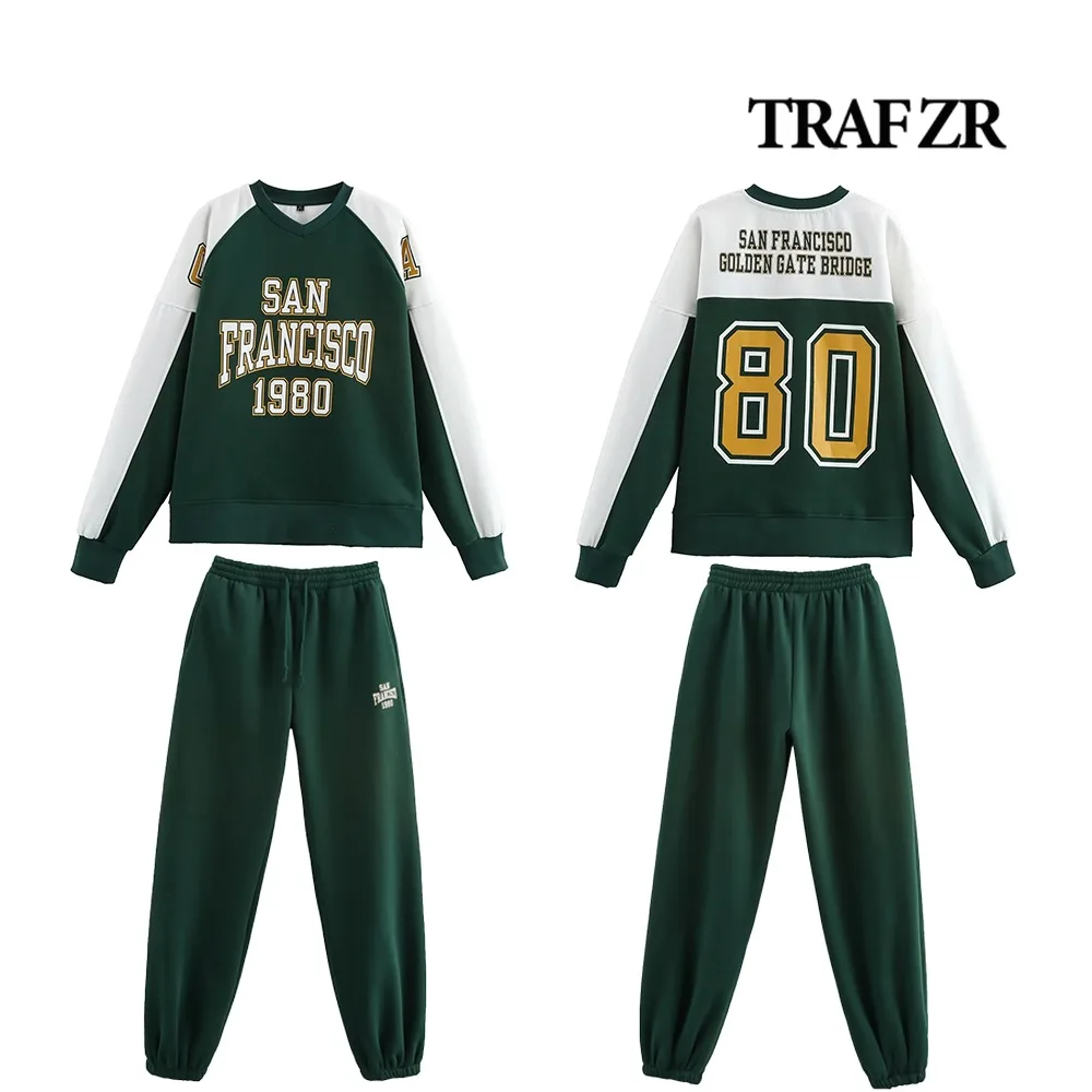 TRAF ZR Women's Varsity Text Print V-neck Sweatshirt Matching Baggy Pants with Adjustable Drawstring Waistband 2-piece Sport Set