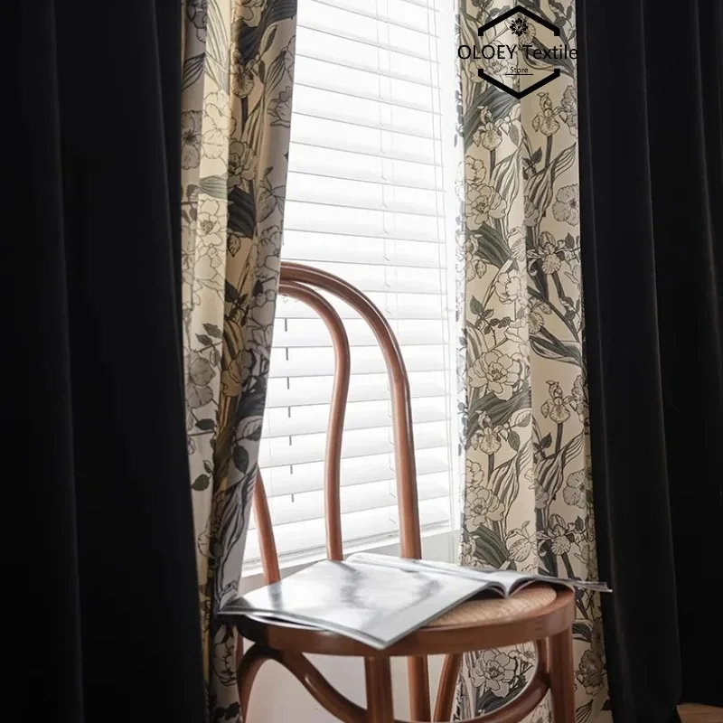 

Custom Size Black Vintage Velvet Curtains American Style Opaque Blackout Floral Velvet Bedroom Living Room Romantic Window Drape