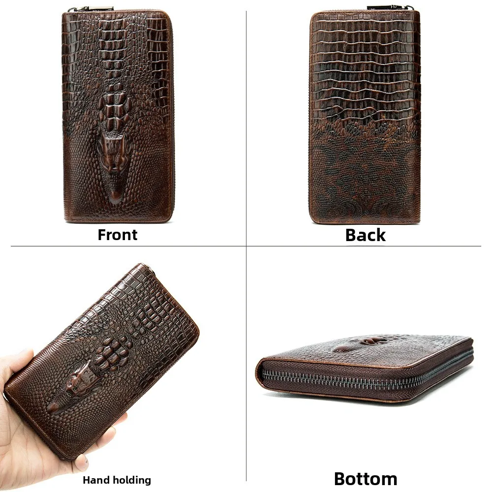 Men's Luxury Long Wallet Premium Crocodile Top-Grain Leather RFID Blocking Multi-Card Business Design Slim Handheld Cardholder​