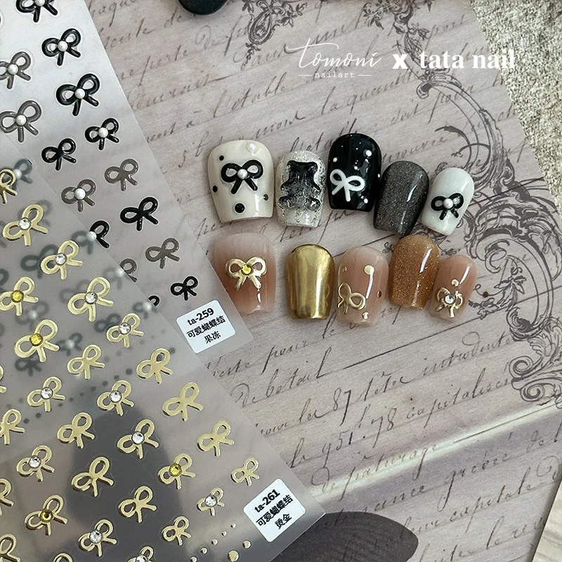 1pc Sweet Small Cute Bow with Diamond Nail Sticker 5D Embossed Cute Jelly gold black colored Self Adhesive Decoration Decal