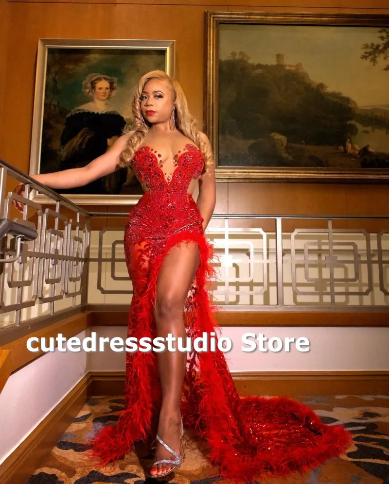 Sexy Red Feathers Mermaid Prom Dresses 2024 Sheer Neck Sequin African Women Split Party Gowns Graduation Dress Customized