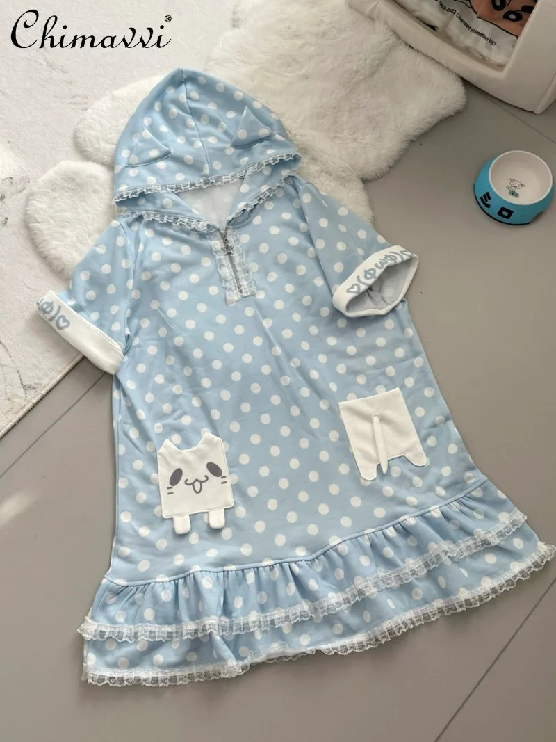 オリジナル水玉模様の青とグレーのプリント半袖Tシャツワンピース レディース 可愛いレース猫耳付きゆったりガールズカワイイショートドレス