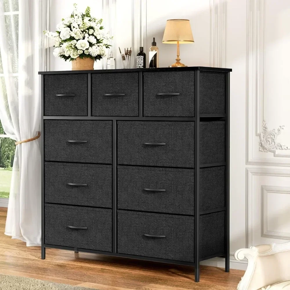 

Dressing Cabinet, 9-drawer Dresser, Chest of Drawers with Fabric Storage Bins, Tall Dresser with Wooden Tops