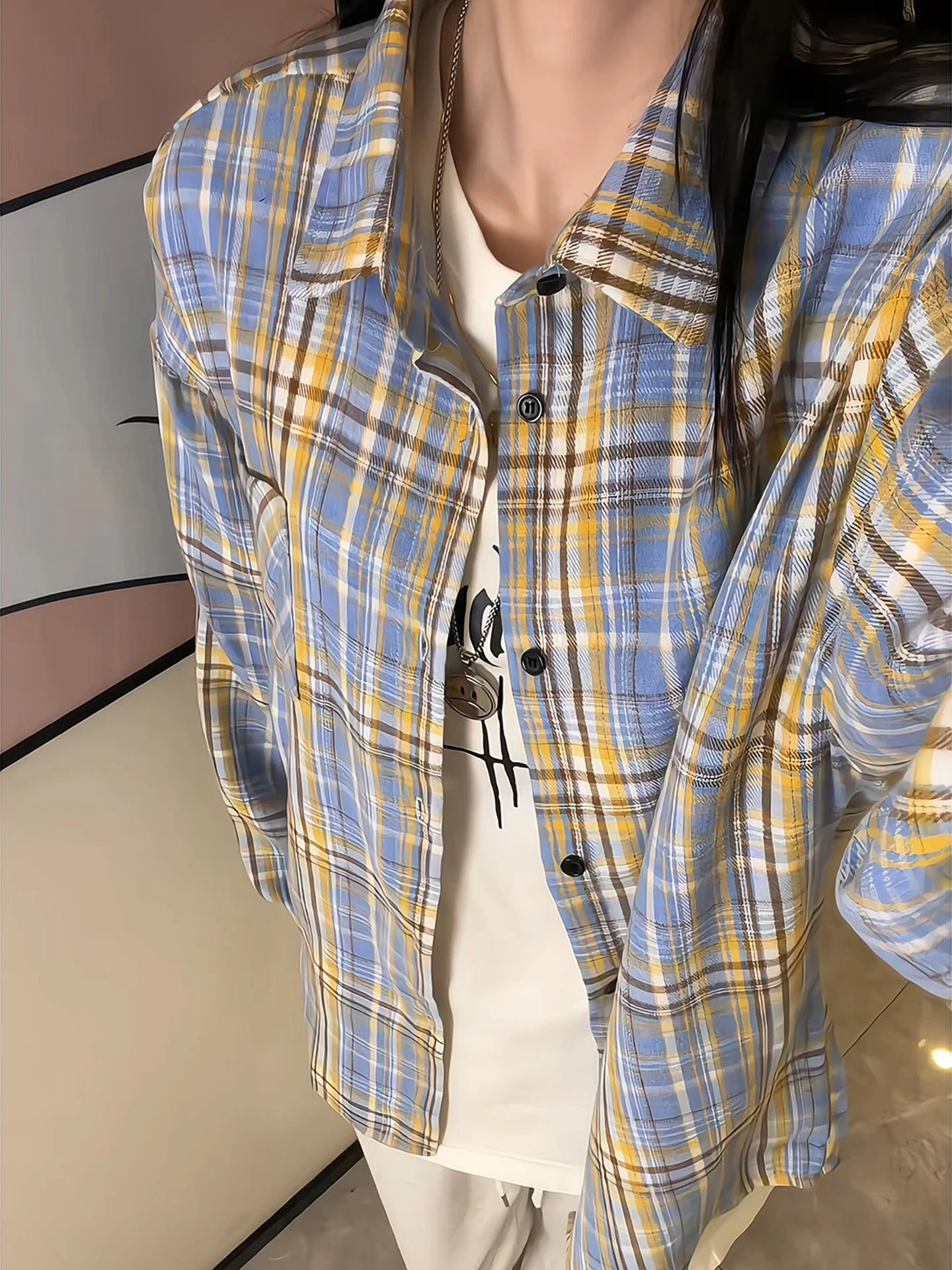 

Lattice Color Blo Long Sve irt Men Women Spring Neutral Sle Layering Vintage Couple Match Outerwear Casual irt