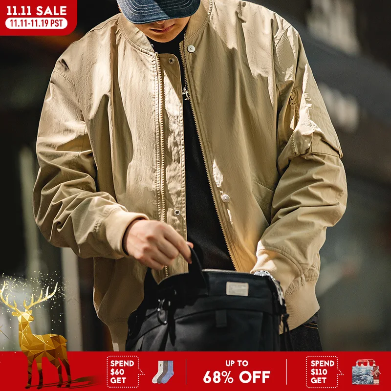 

Maden Мужская куртка цвета хаки Авиационная куртка Классический воротник-майка Куртка с рифленым низом для защиты от ветра Осенью Металлические пуговицы на заказ Верхняя одежда для улицы