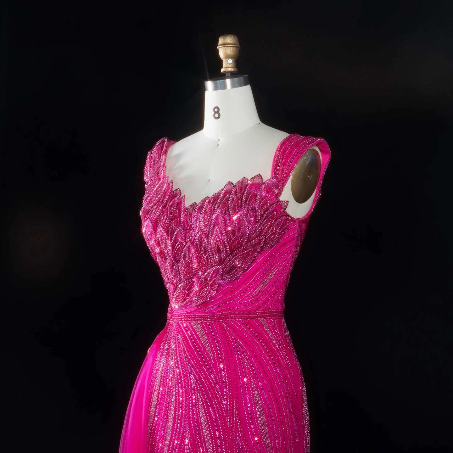 Sharon Said Fuchsia Abendkleid, schulterfrei, 3D-Blattstickerei, seitlicher Tüllfall, Meerjungfrauen-Schnitt, formelle Partykleider, SS106, maßgeschneidert – Detail 8