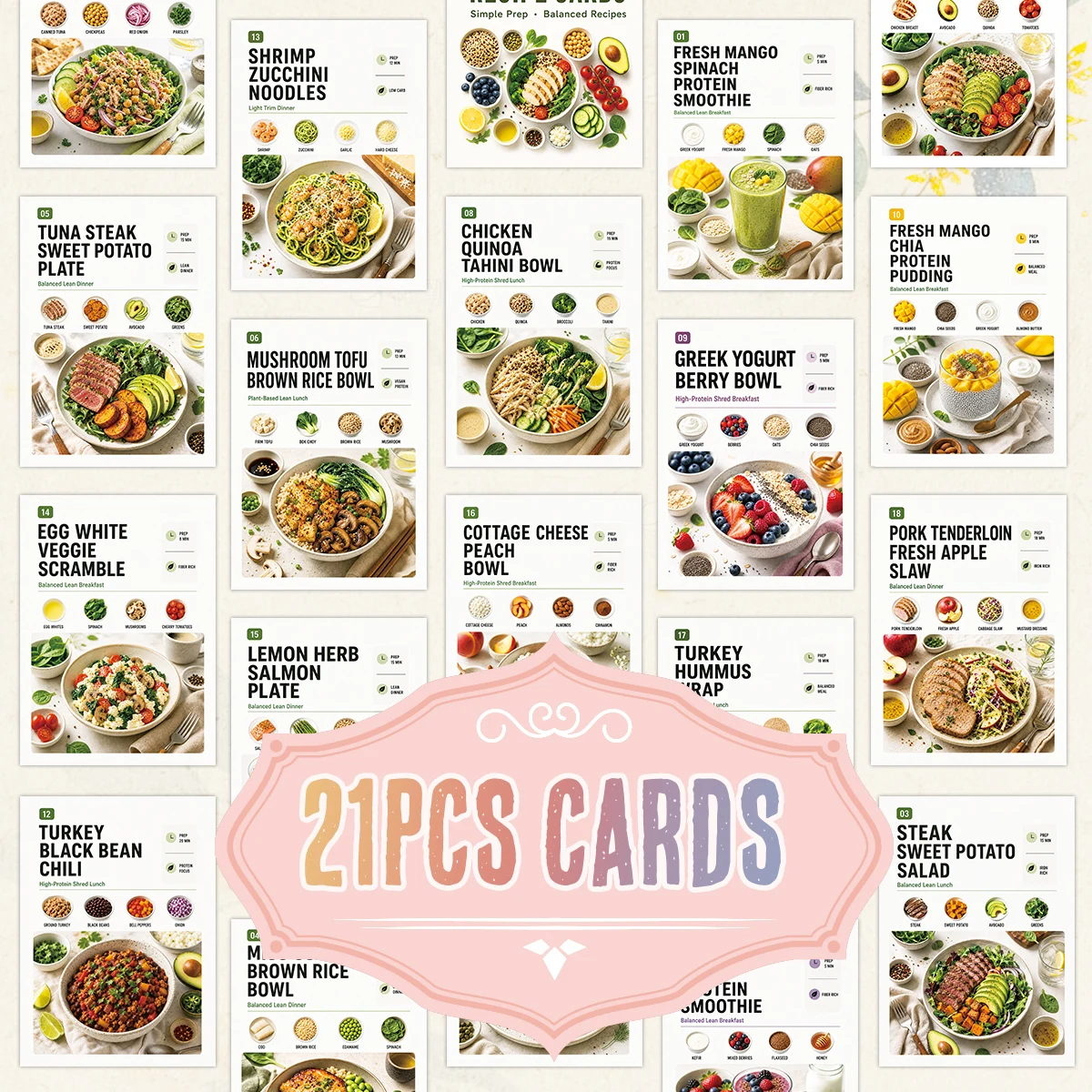 21pcs Lean Eating Recipe Cards,Balanced Diet Nutrition Guide Cards,Kitchen Organization Supplies,Gift For Healthy Life Advocates