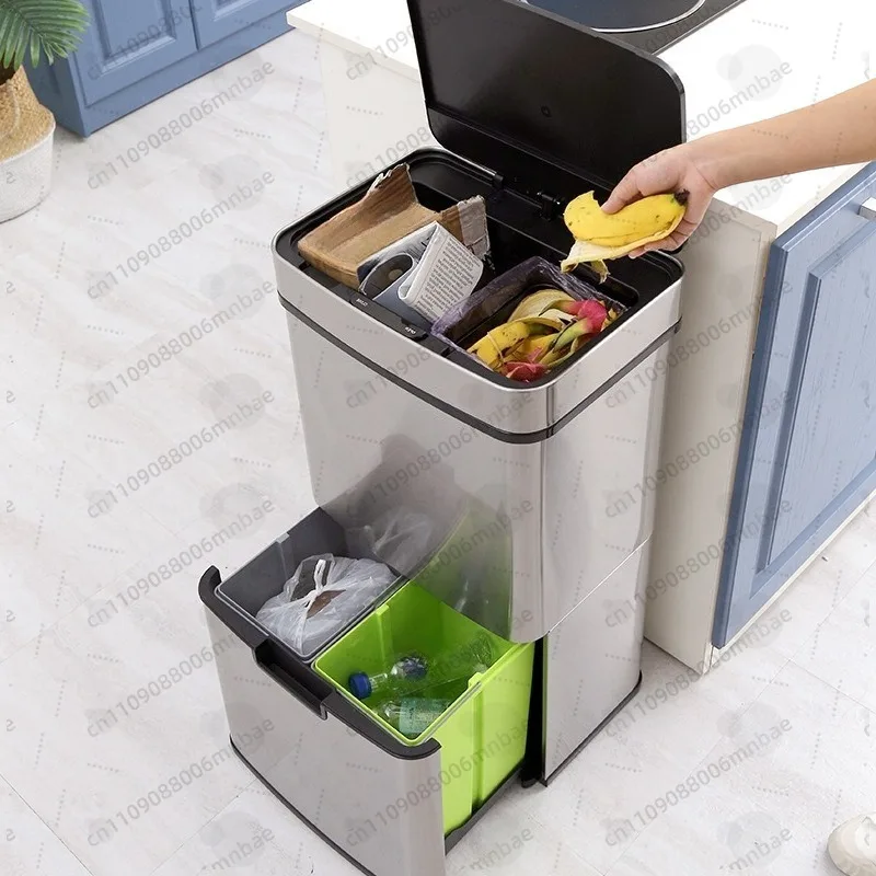 Intelligent induction double-layer multi-purpose classification trash can 30L to 80L stainless steel living room kitchen office