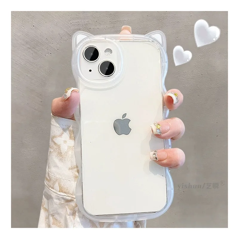 Cute Cartoon Cat Ears Candy Color Phone Case For iPhone 16 Pro Max 15 14 13 12 11 XR XS 7 8 Plus Soft Silicone Shockproof Cover