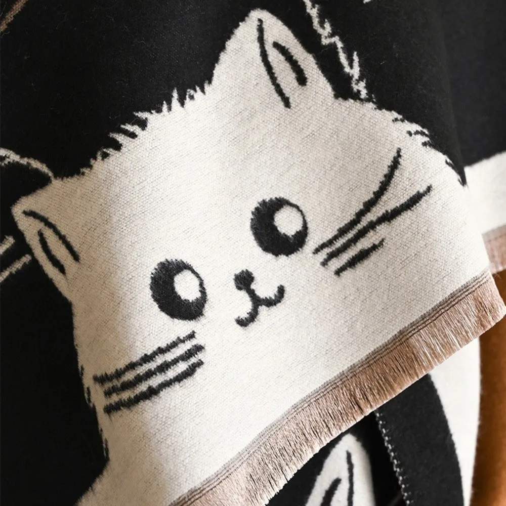 Cartoon Print Large Size Cat Print Cashmere Scarf Elegant Soft Warm Blanket Scarf Double Sided Thick Winter Shawl Winter Season