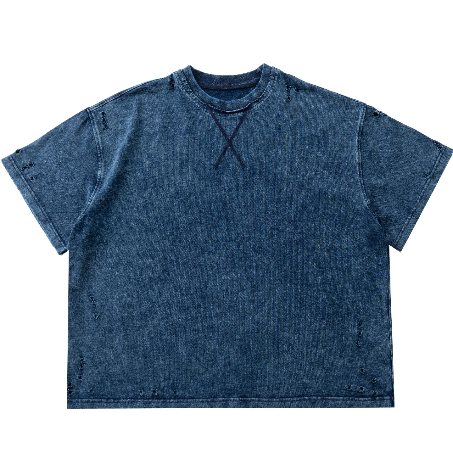 American Retro Washed Perforated Loose Casual Short Sleeved T-shirt for Men Loose Round Neck Pure Cotton Pullover Tees