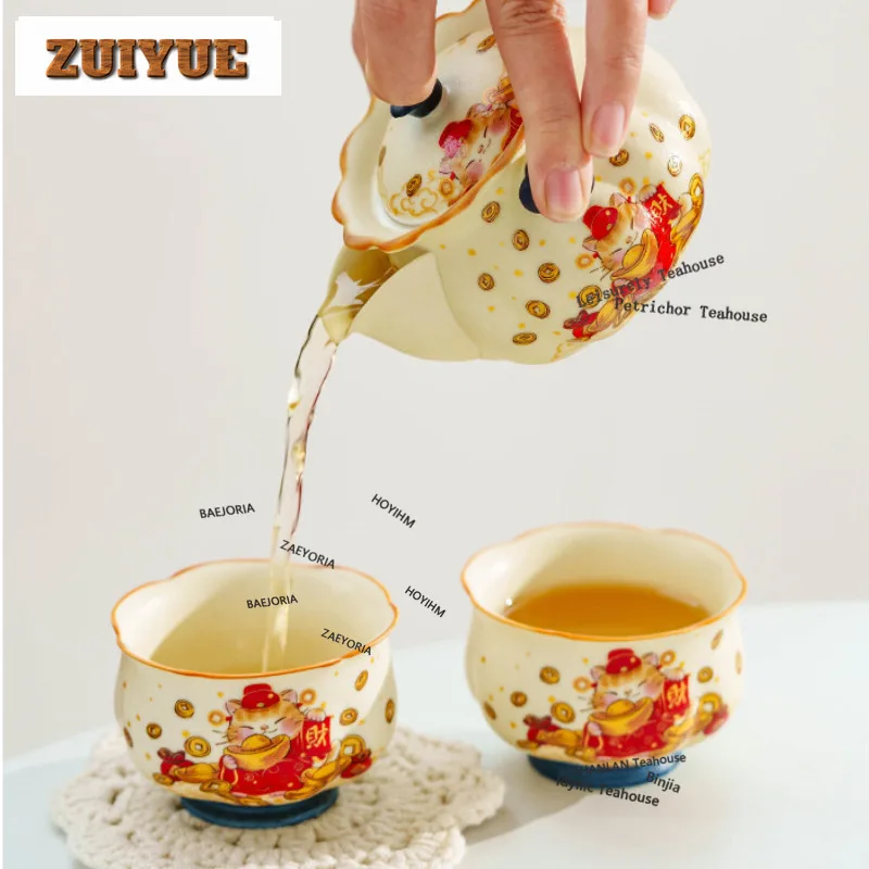 HOYIHM Decal Lucky Cat Brings Wealth Tea Set Complete Set Antique Tea Set Kit Tea Ceremony Set Teapot And Tea Cup Set Cha