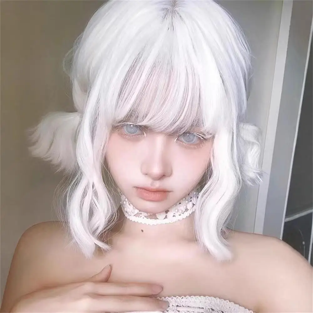 Silver White Short Roll Synthetic Wig Lolita Can Beveled Mid-split Fashionable Water Wave Curly Wig Women's Wig image 5