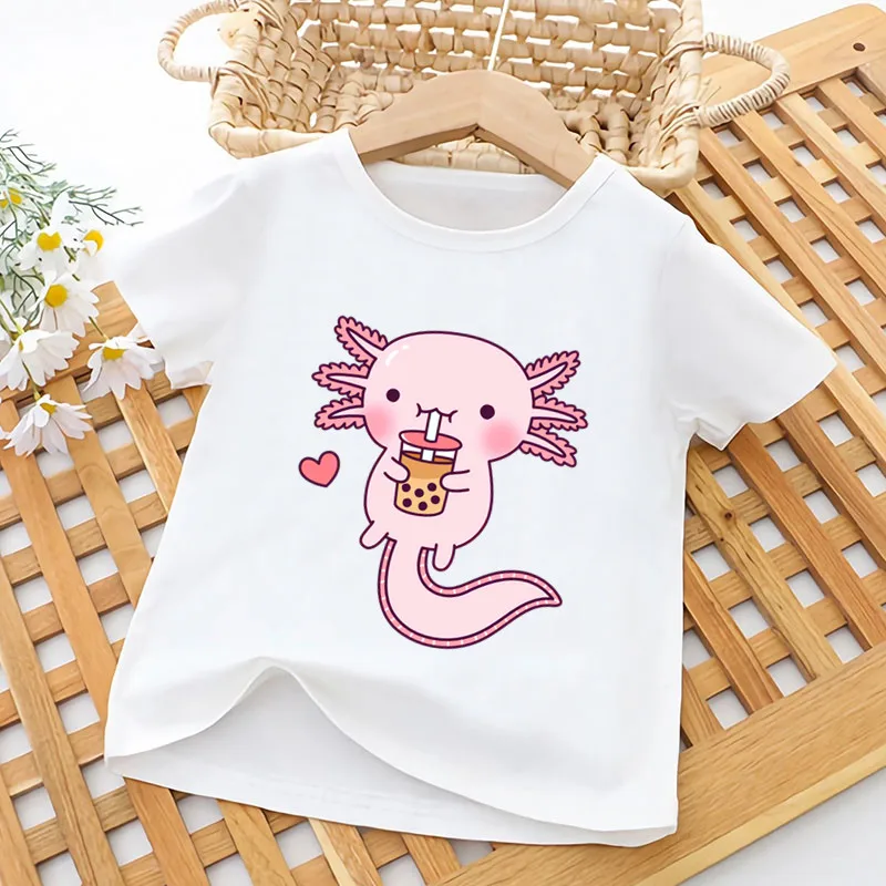 Cute Relax Axolotl Print Funny Kids T shirt Girls Summer Tops Baby Boys Clothes Cartoon Kawaii Children Short Sleeve T-shirt