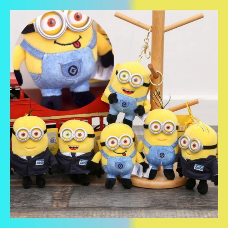 Despicable Me 4 AVL Work Clothes Minions Bob Kevin Dave Plush Toy Schoolbag Pendant Key Rings/Chains Small Doll