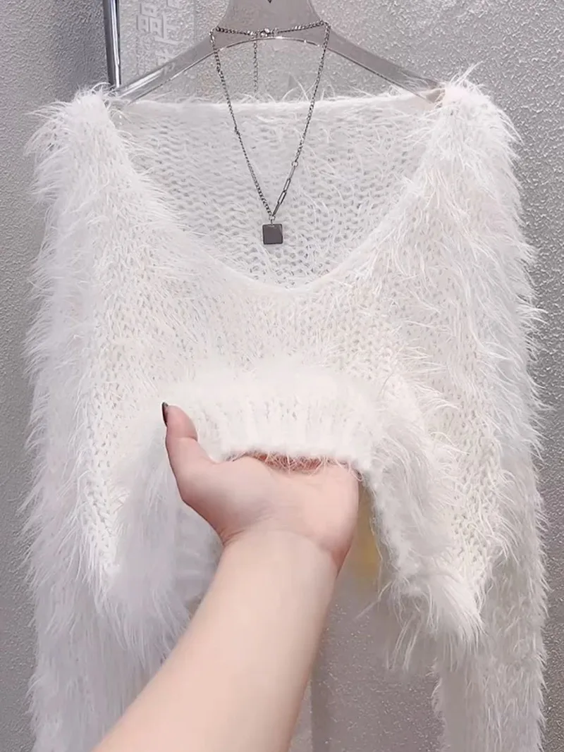 Autumn New Short Mink Sweater Women Versatile Loose V-neck Mohair Knit Pullover Soft Wool Casual Womens Clothing