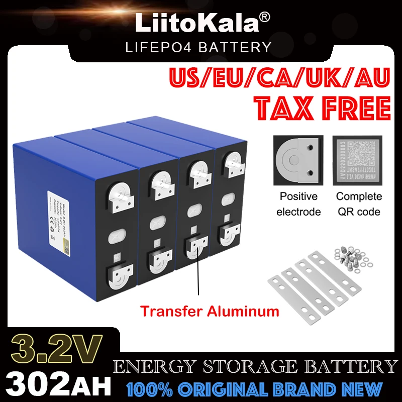 LiitoKala 3.2V 302Ah Lifepo4 Battery Lithium Iron Phosphate Cell DIY 4s 12v 24v Travel Solar Campers batteries Grade A Duty-free