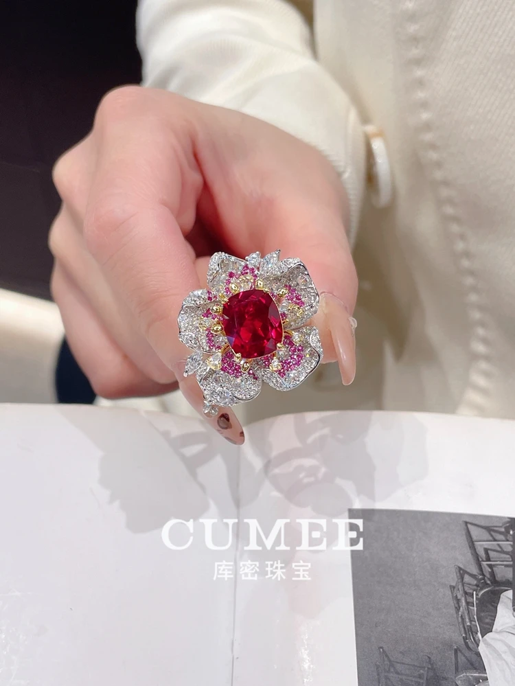 Cumee Fine Jewelry Peony Series Noble Cultivation Синтетический рубин Кольцо Серьги Брошь Набор для женщин. Посеребренное золото 925.