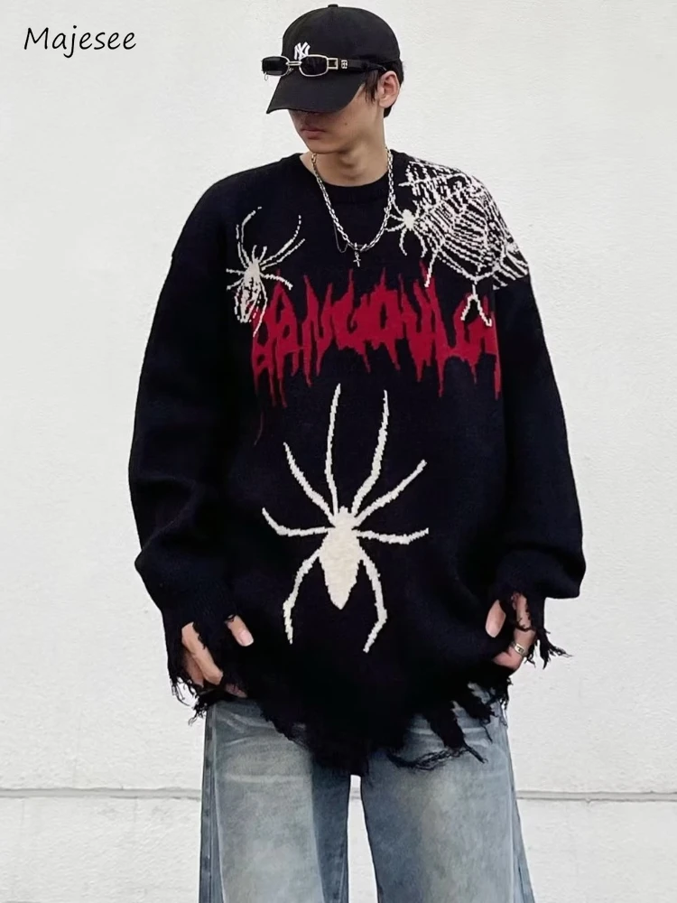 

Sweaters Men Raw Edge Contrast Color Spider Print O-neck Korean Style Retro Autumn Slouchy Anti-pilling Hip Hop Males Knitwear