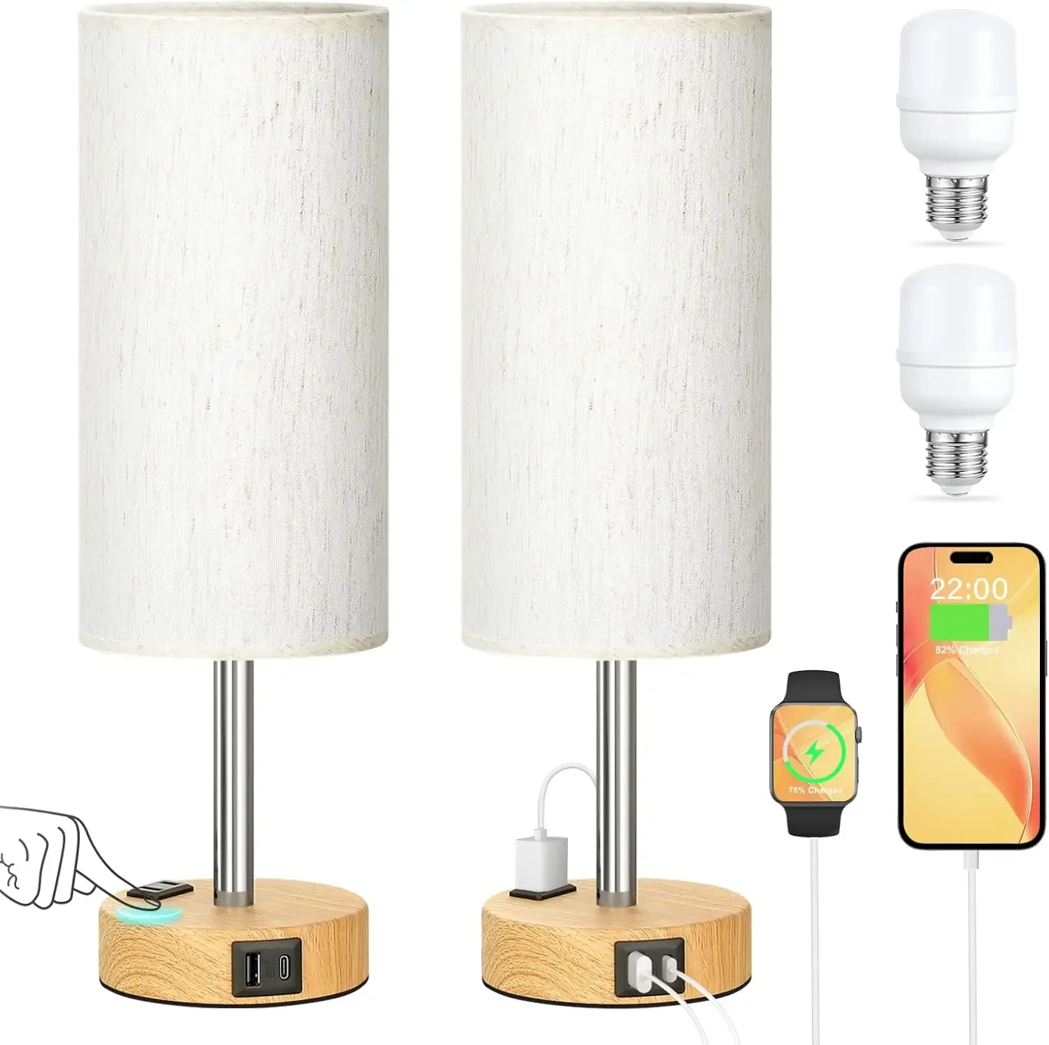 

Touch Bedside Table Lamps Set - 3 Way Dimmable Bedroom Lamps Set of 2 with USB C and A Ports, Small Lamps for Nightstand with A