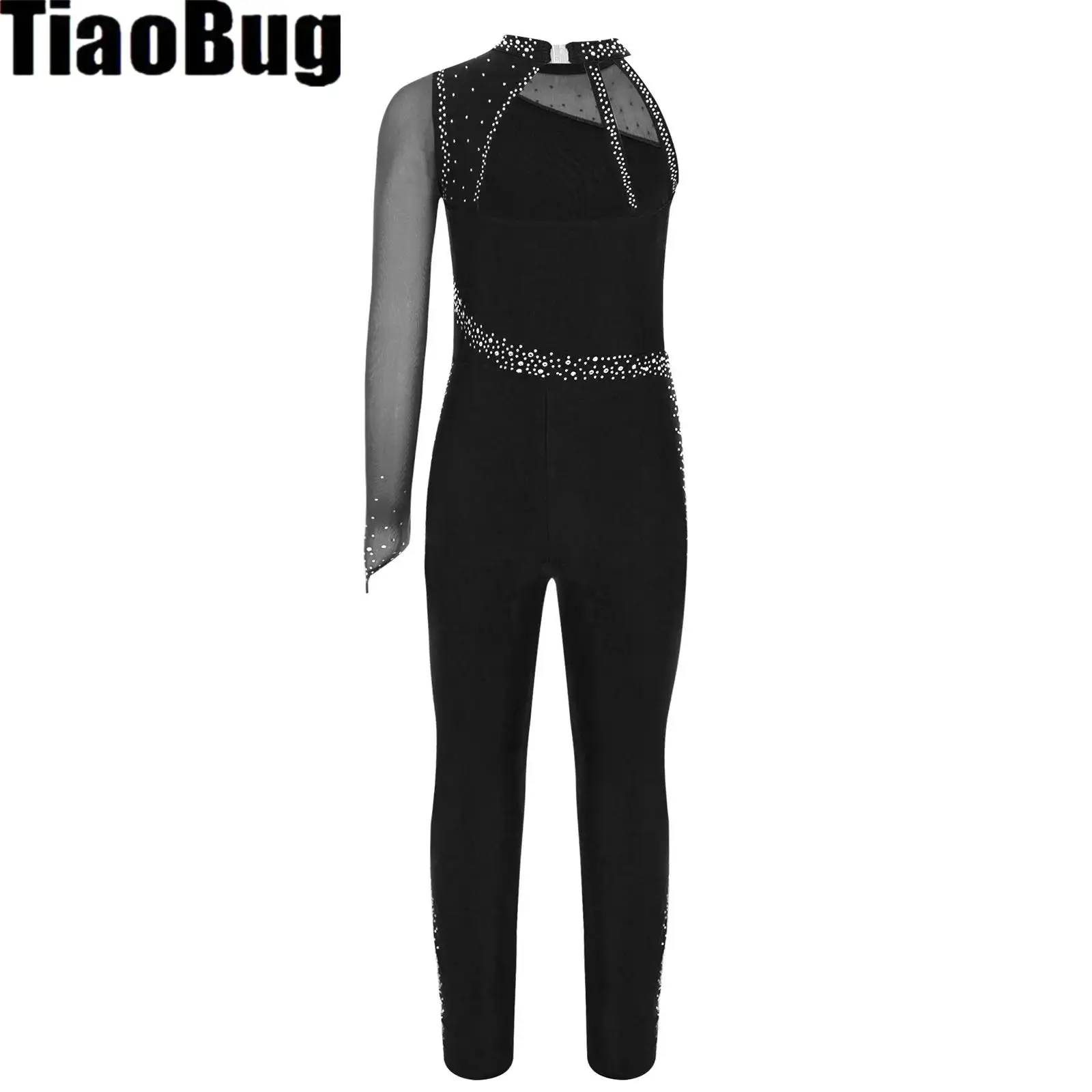 Tuta da ginnastica per ragazze con una spalla Maglia trasparente con strass scintillanti Body completo per balletto Pattinaggio di figura Costumi unitari