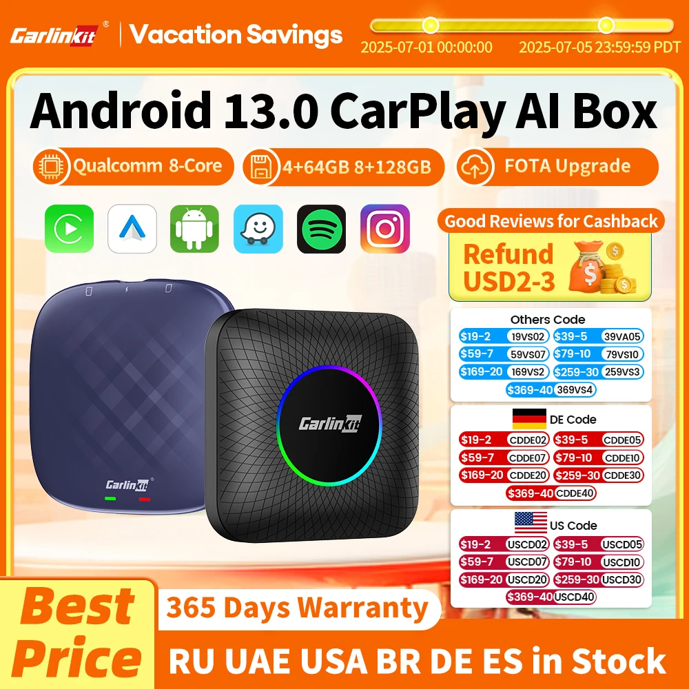CarlinKit CarPlay Ai Box Android 13 Plus QCM6125 8-ядерный беспроводной Android Auto и CarPlay Автомобильный USB-адаптер Обновление FOTA для OEM-проводного CarPlay или Android Auto Car Для Netflix IPTV