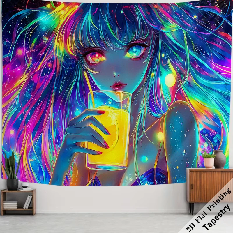 Large Anime Girl Portrait Tapestry Wall Hanging Neon Cosmic Pop Art Bohemian Style Decor 180x280cm Room Decoration