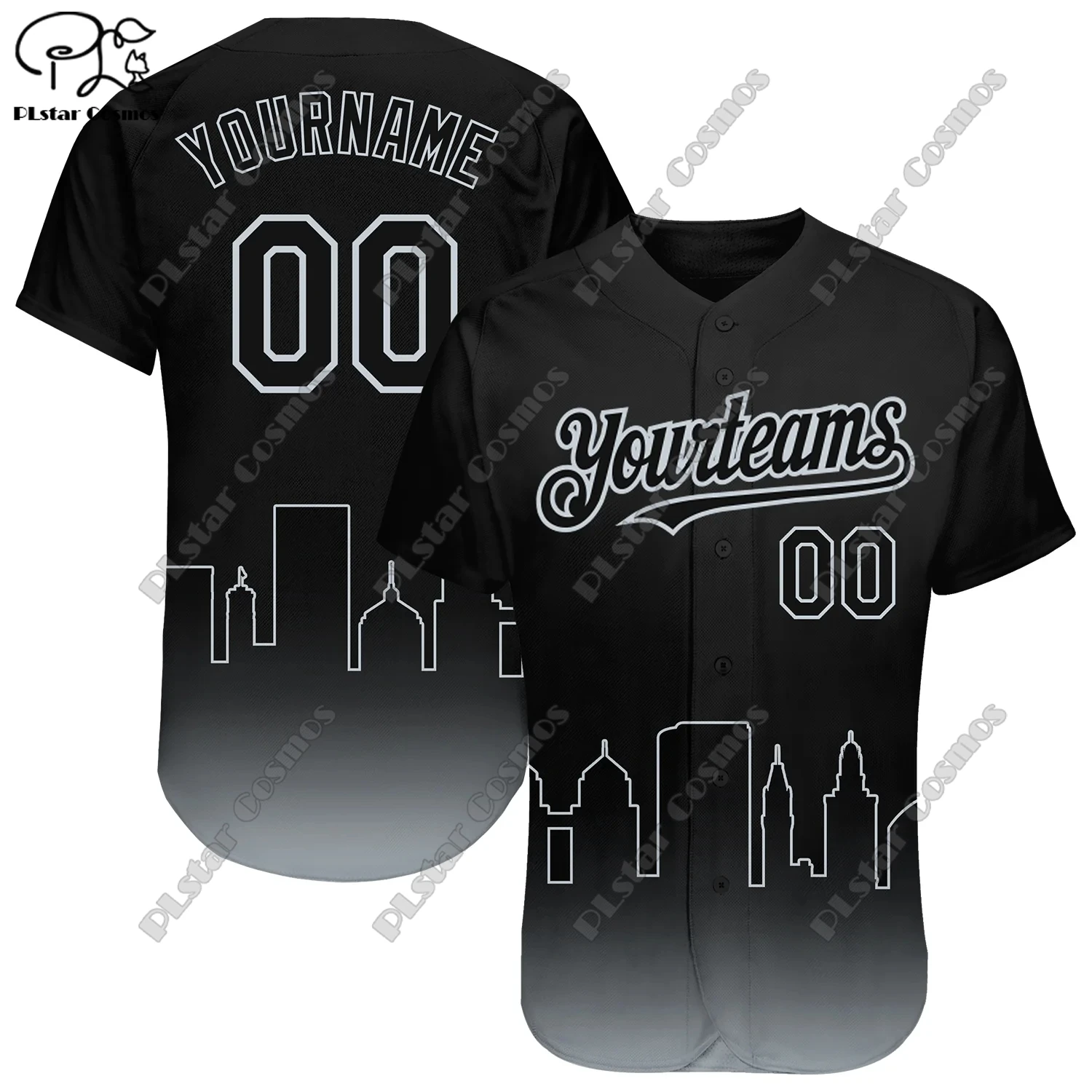 Unisex 3D impressão Baseball Camisas, Nome personalizado, preto, vermelho, cinza, Cidade Silhueta, Gradiente Fade, Moda