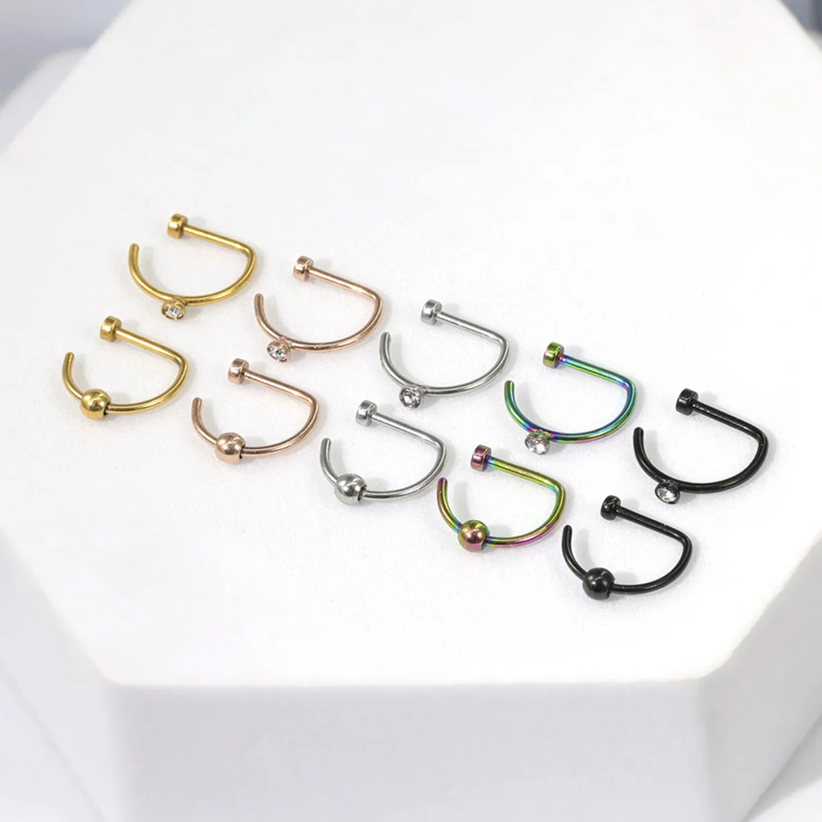 2 Pcs/Set Punk D-Shaped Stainless Steel Inset Rhinodiamond-Round Ball Fake Nose Ring Nose Clip For Women And Men On Nose Jewelry image 5