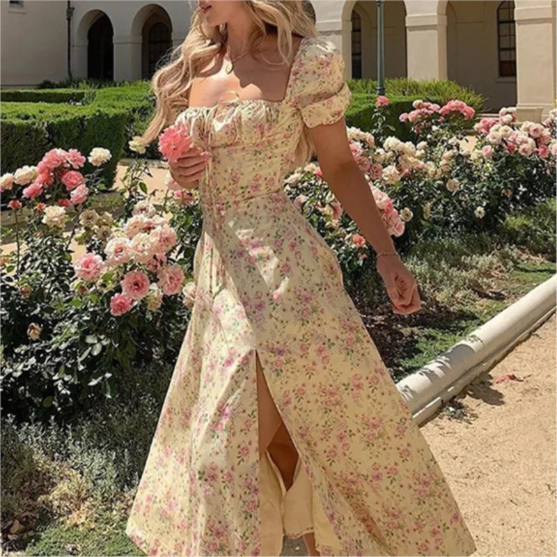 2024 Fashion Off Shoulder Ruffle Dress Summer Vintage Floral Printed Dresses for Women French Square Collar Backless