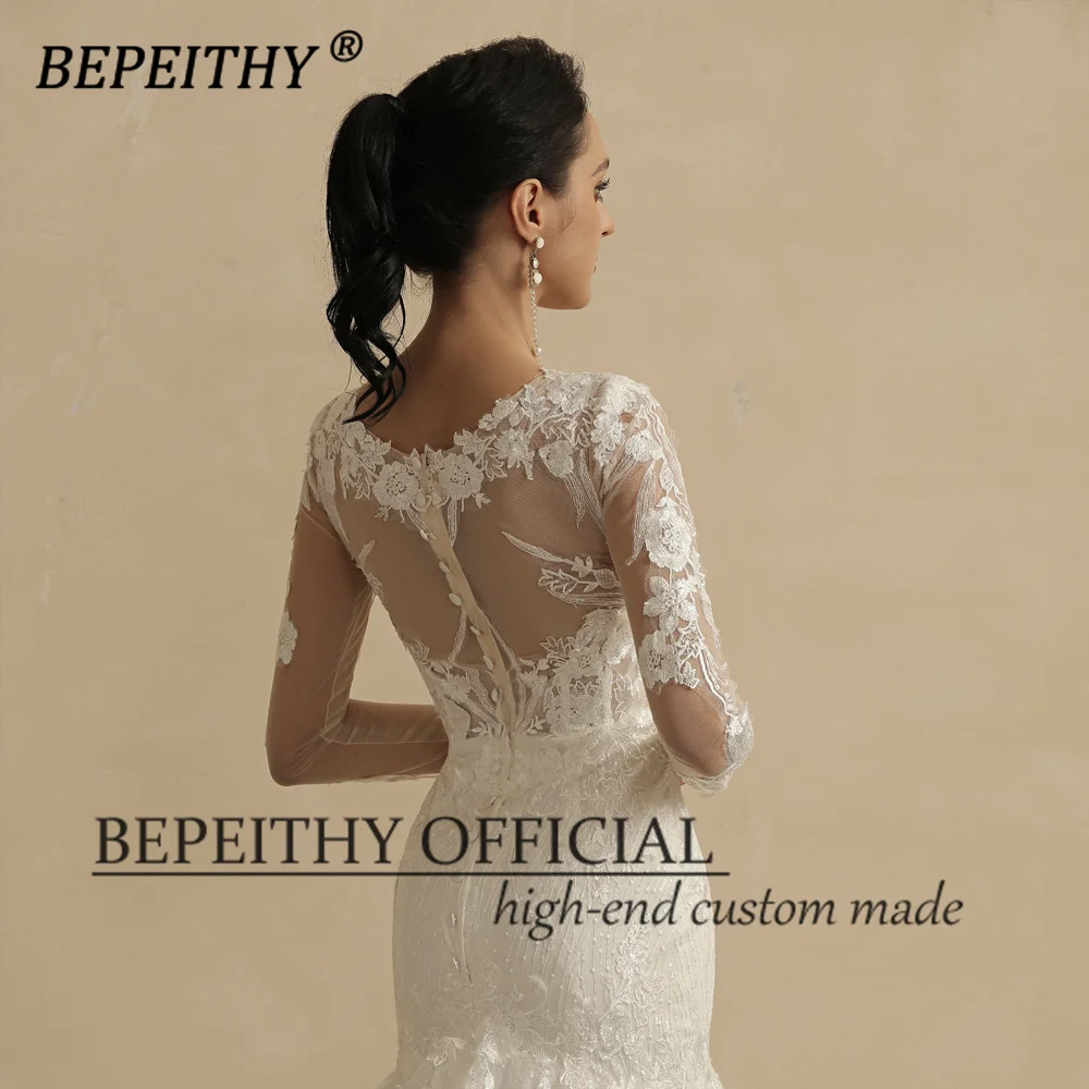 BEPEITHY Customized Vintage V Neck Trumpet Wedding Dresses For Women 2022 Full Sleeves Court Train Lace Boho Bride Bridal Gown