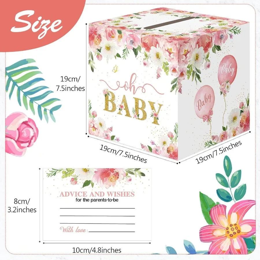 50 Uds. Boletos de rifa de pañales florales con caja de tarjetas de rifa de pañales para decoración de Baby Shower, tarjetas y caja de billetes florales con conservación
